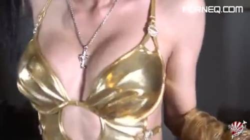 Shiny gold dress and gloves on a hard cock Asian shemale - new.porneq.com on delporno.com
